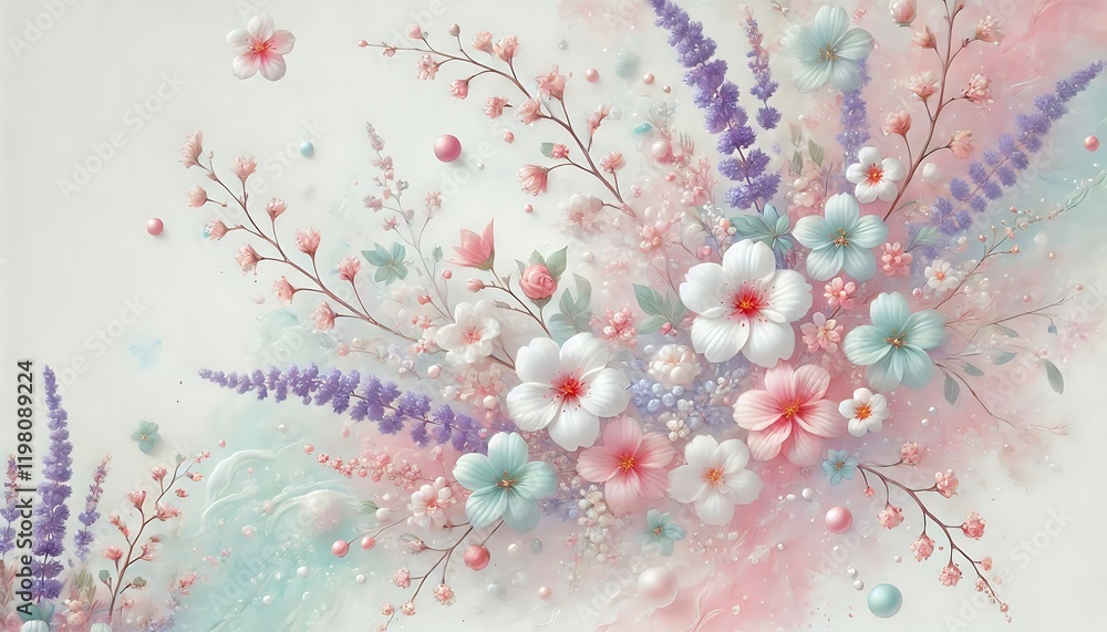Fototapeta premium Milky white background blending soft pastel hues with scattered blossoms in pink, lavender, and mint.