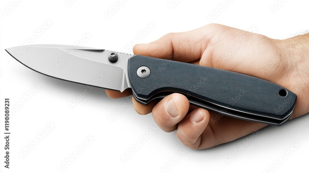 A Close-Up of a Hand Holding a Sleek, Modern Pocket Knife A Close-Up of a Hand Holding a Sleek, Modern Pocket Knife