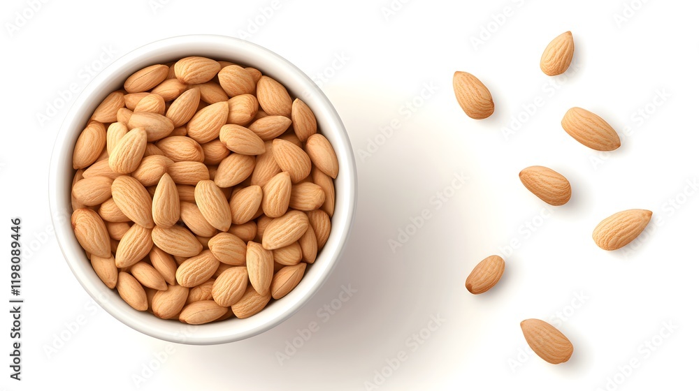 A bowl of almonds and some scattered almonds A bowl of almonds and some scattered almonds