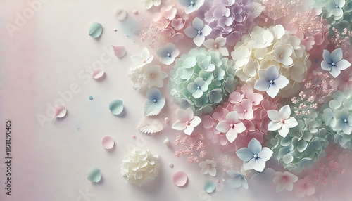 Elegant milky floral background with pastel hydrangeas and scattered petals in soft lilac and mint hues.
