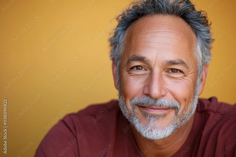 Smiling man with gray hair poses against a warm yellow background, showcasing confidence and approachability during a sunny day Smiling man with gray hair poses against a warm yellow background, showcasing confidence and approachability during a sunny day