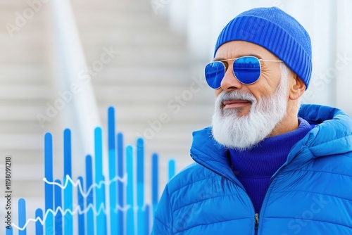 Elderly man using voice assistant for morning walk planning and checking digital weather forecast outdoors photo