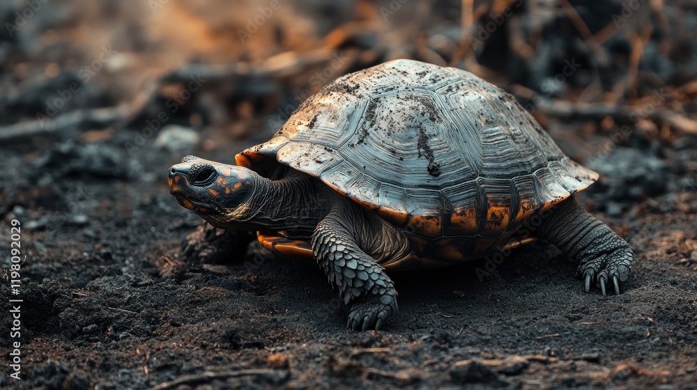 Fototapeta premium Resilience: A Tortoise in a Burned Landscape