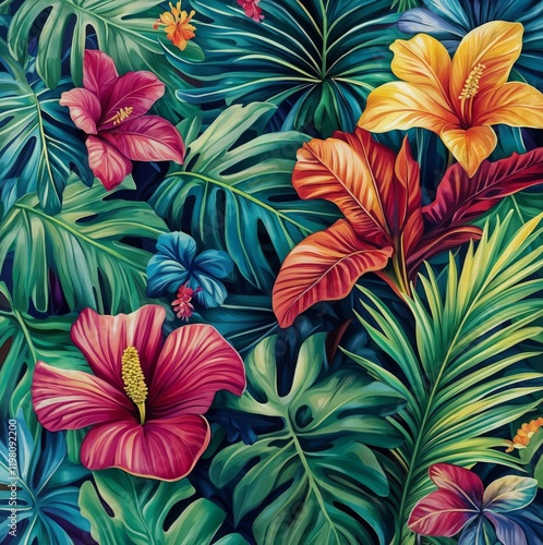 Wallpaper Mural Vibrant tropical flowers and lush green leaves composition.Natural beauty and exotic charm.Summer event posters, tropical travel promotions, nature-inspired branding, and floral decor designs. Torontodigital.ca
