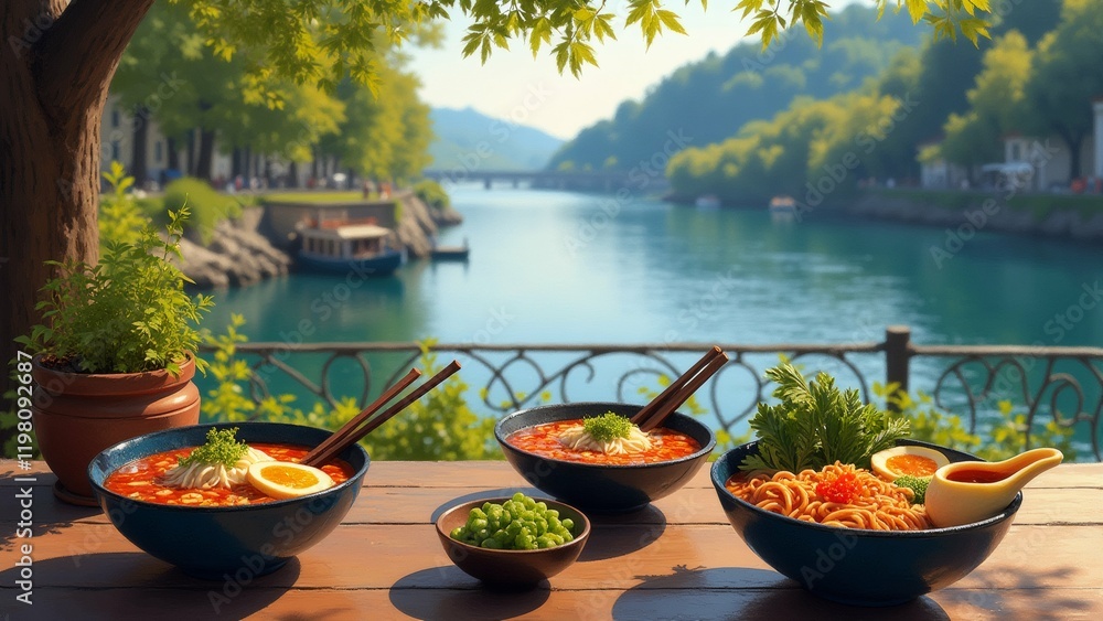 Fototapeta premium The image shows three bowls of ramen on a wooden table with a beautiful view of a lake and mountains in the background.