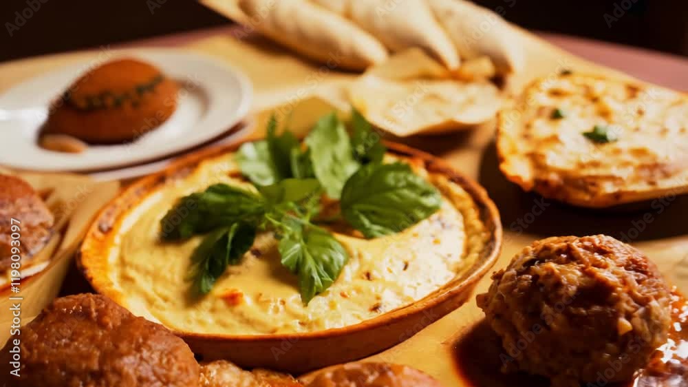 Slow zoom out video from a platter of traditional lebanese mezze with hummus, baba ghanoush, falafel, and pita bread, fresh parsley and olive oil garnish the dips Slow zoom out video from a platter of traditional lebanese mezze with hummus, baba ghanoush, falafel, and pita bread, fresh parsley and olive oil garnish the dips