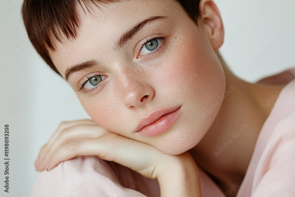 Young woman with short hair resting her chin on her hand, showcasing natural beauty and serene expression indoors Young woman with short hair resting her chin on her hand, showcasing natural beauty and serene expression indoors