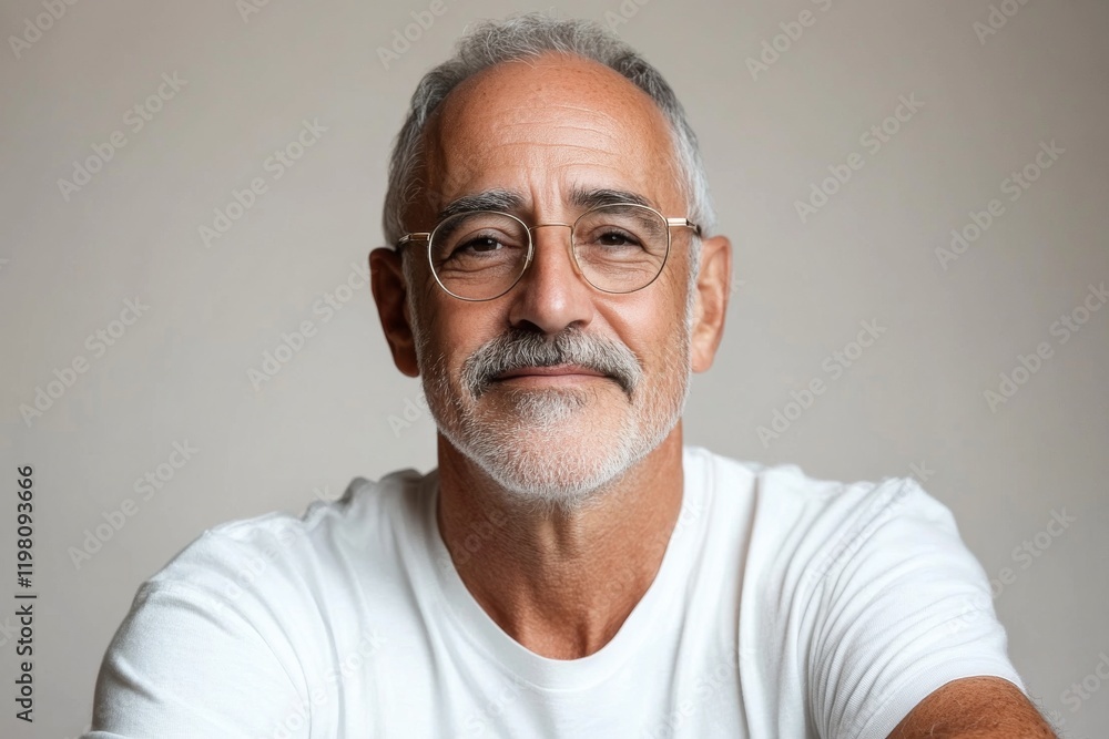 Portrait of a smiling older man with glasses, wearing a white shirt against a soft background Portrait of a smiling older man with glasses, wearing a white shirt against a soft background