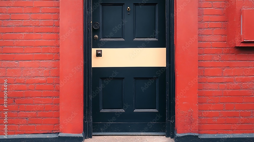 A front door with a bold horizontal stripe in matte black A front door with a bold horizontal stripe in matte black