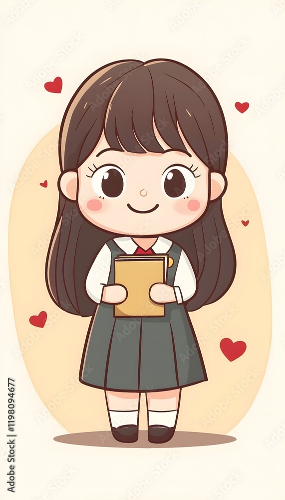 Adorable Schoolgirl Holding Book Surrounded By Hearts Adorable Schoolgirl Holding Book Surrounded By Hearts