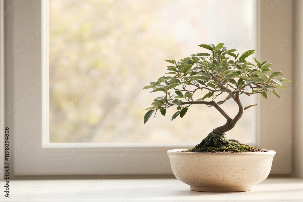 Bonsai tree showcased on a windowsill basking in natural light during a tranquil afternoon Bonsai tree showcased on a windowsill basking in natural light during a tranquil afternoon
