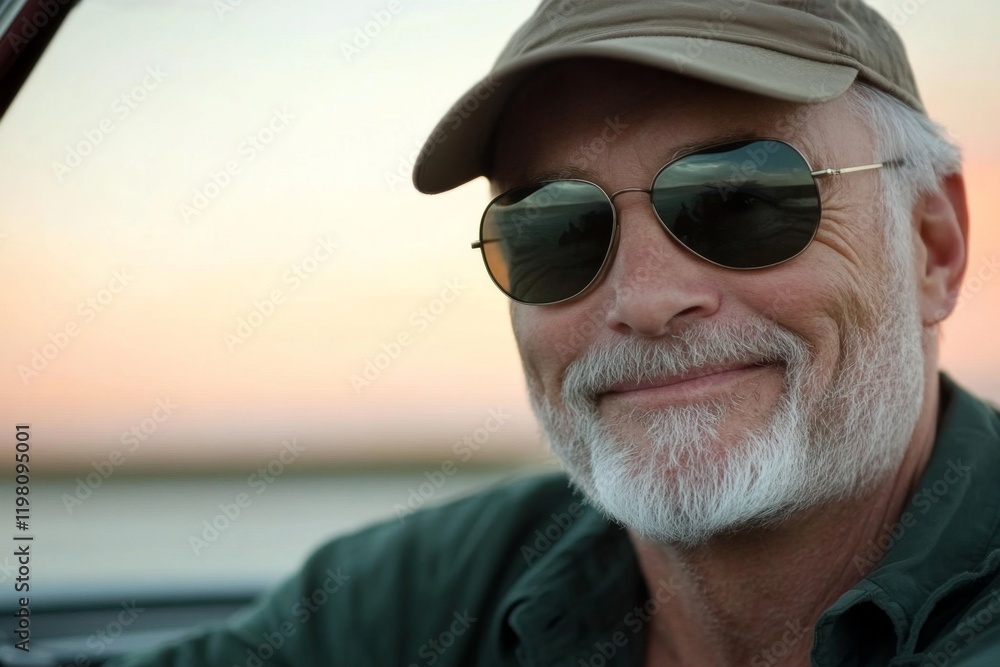 Senior man wearing sunglasses enjoys a sunset drive by the coast with a relaxed smile and a warm atmosphere Senior man wearing sunglasses enjoys a sunset drive by the coast with a relaxed smile and a warm atmosphere