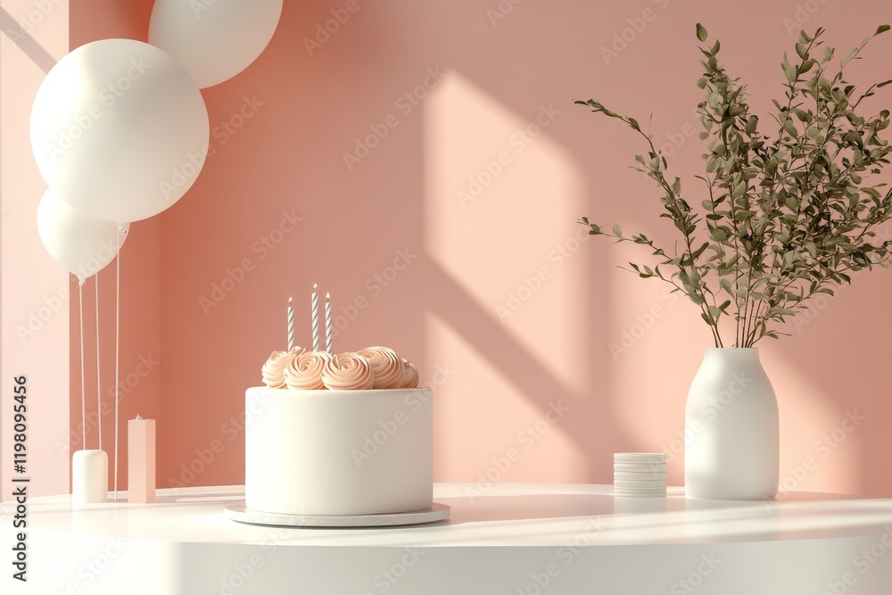 Special celebration setup with a beautiful cake, decorative balloons, and elegant flowers in a cozy room Special celebration setup with a beautiful cake, decorative balloons, and elegant flowers in a cozy room