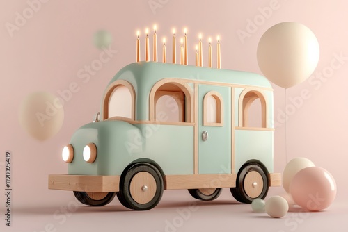 Colorful wooden toy car with candles and balloons in a playful setting photo