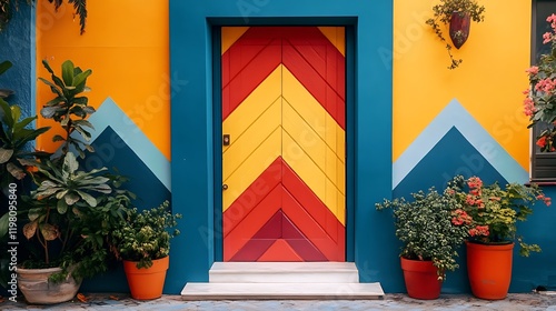 Fototapeta Naklejka Na Ścianę i Meble -  A front door with a bold chevron pattern in contrasting colors 