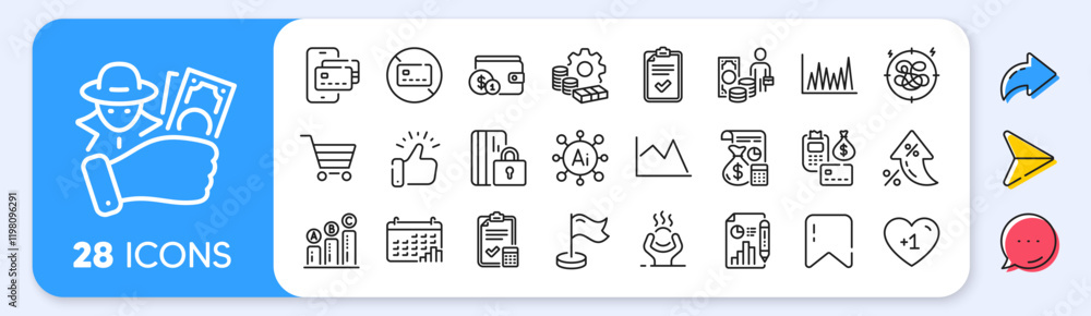 Accounting checklist, Report document and Phone pay line icons. Interest rate, AI generate, Inflation icons. Pack of Blocked card, Line chart, Difficult stress icon. Vector