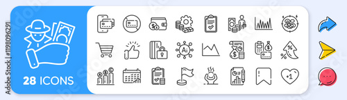 Accounting checklist, Report document and Phone pay line icons. Interest rate, AI generate, Inflation icons. Pack of Blocked card, Line chart, Difficult stress icon. Vector