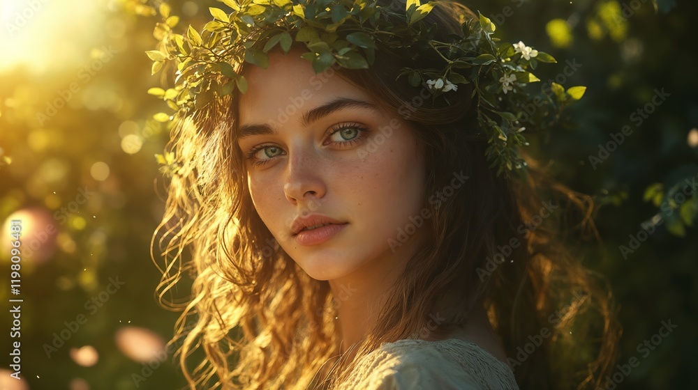 Young woman with wavy brown hair and floral crown in soft sunlight outdoors. nature-inspired fashion, lifestyle campaigns, wellness branding, bridal or floral promotions, outdoor portrait visuals, eth Young woman with wavy brown hair and floral crown in soft sunlight outdoors. nature-inspired fashion, lifestyle campaigns, wellness branding, bridal or floral promotions, outdoor portrait visuals, eth