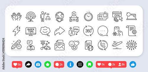 Incubator, Recovery laptop and Project deadline line icons pack. Social media: share, comment, like icons. Smile, Internet document, Mail correspondence web icon. Vector
