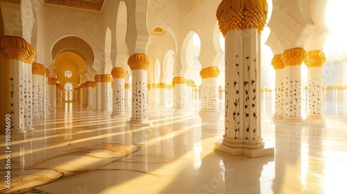 Majestic mosque interior, sunlight streams through arches and columns, illuminating ornate details. photo