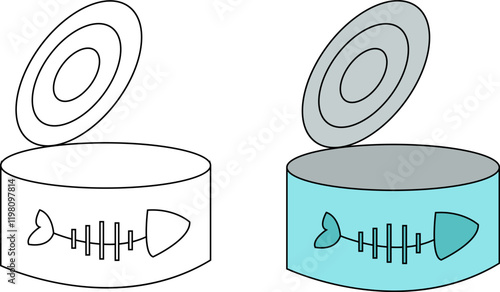 Hand drawn Canned fish. Simple shapes. Set of cat food vector icons.	