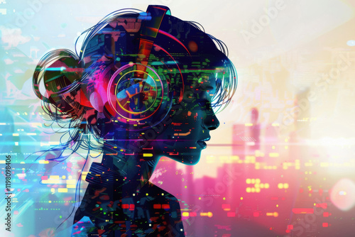 A vibrant and digital-themed female profile in headphones, symbolizing the future of music, AI, and sound technology.