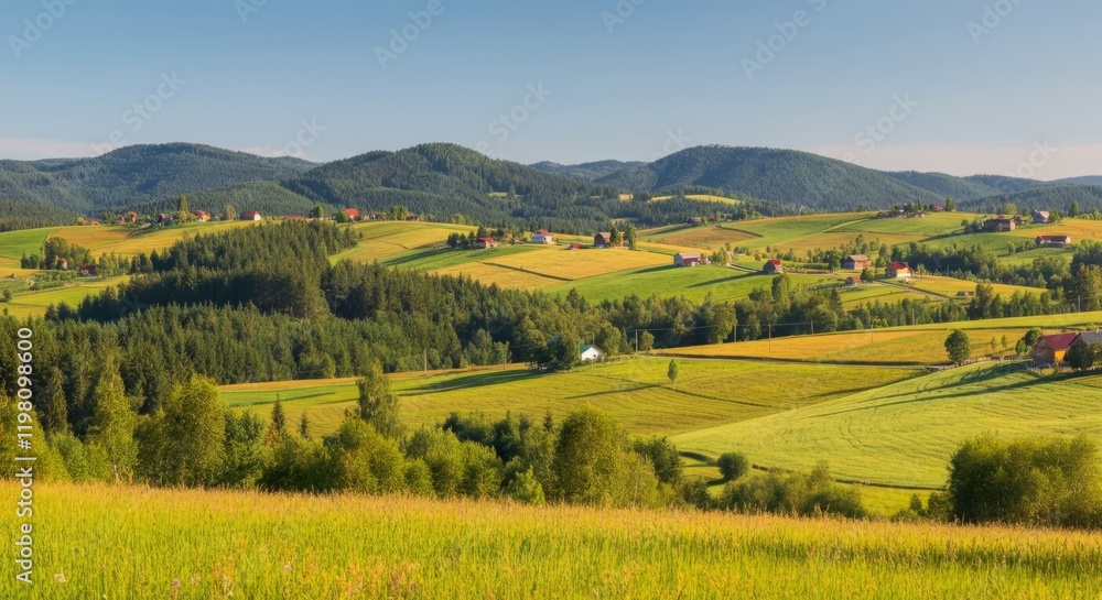 Fototapeta premium Large field of green grass with a few trees in the background
