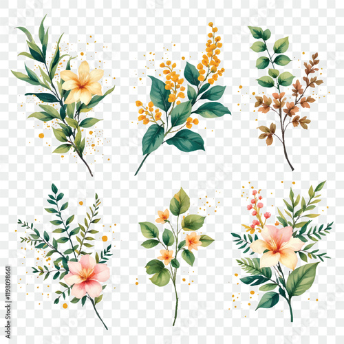 Watercolor vector plants flowers isolated on transparent background. Floristic elements