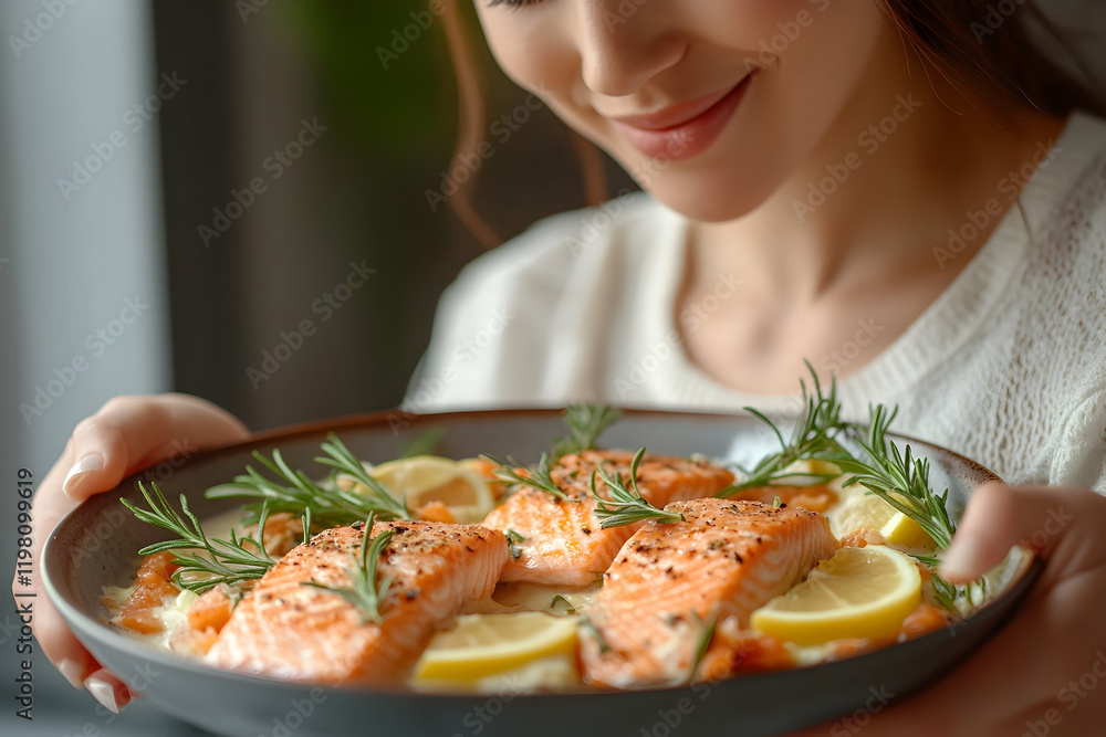 Freshly cooked salmon fillet with lemon and rosemary, served as a delicious and healthy seafood dish Freshly cooked salmon fillet with lemon and rosemary, served as a delicious and healthy seafood dish
