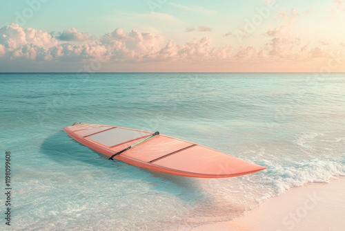 Serene beach scene with anchored windsurfing board at sunset photo