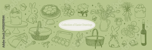 Cute Spring and Easter Drawings Collection. Easter eggs and bread, Bunnies, Baskets, Carrot, Flowers.Whimsical village doodle style.Hand-drawn line illustrations for decor, greeting cards, invitations photo