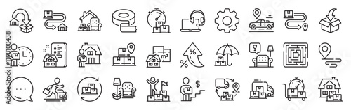 Moving service line icons. Settings gear, Message, Inflation icons. Furniture move, rent space and adhesive tape set. Package delivery, relocation service and carrying man line icons. Vector