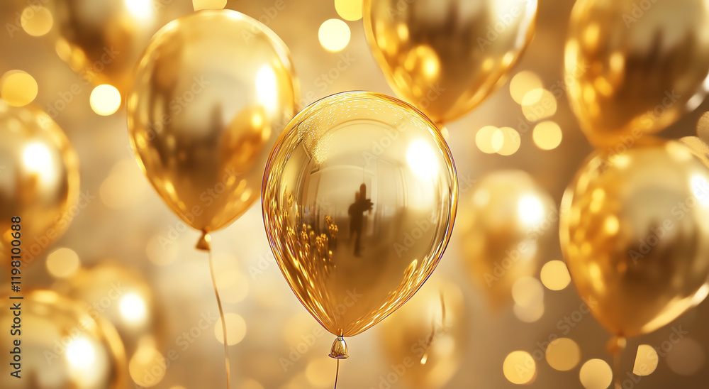 Golden balloons floating in a festive atmosphere with sparkling bokeh lights Golden balloons floating in a festive atmosphere with sparkling bokeh lights