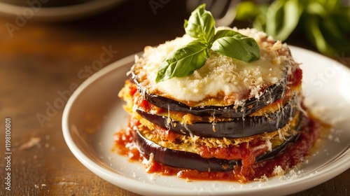 A mouthwatering plate of Italian eggplant Parmesan, layers of breaded and fried eggplant slices with marinara sauce and melted mozzarella cheese, Eggplant Parmesan plate centered photo