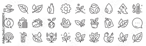 Plants line icons. Settings gear, Message, Inflation icons. Mint leaf, Growing plants and Humidity thermometer icons. Bottle with mint water, Nature care, leaf on hand. Vector