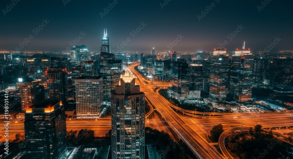 Obraz premium City at night with a tall building in the middle