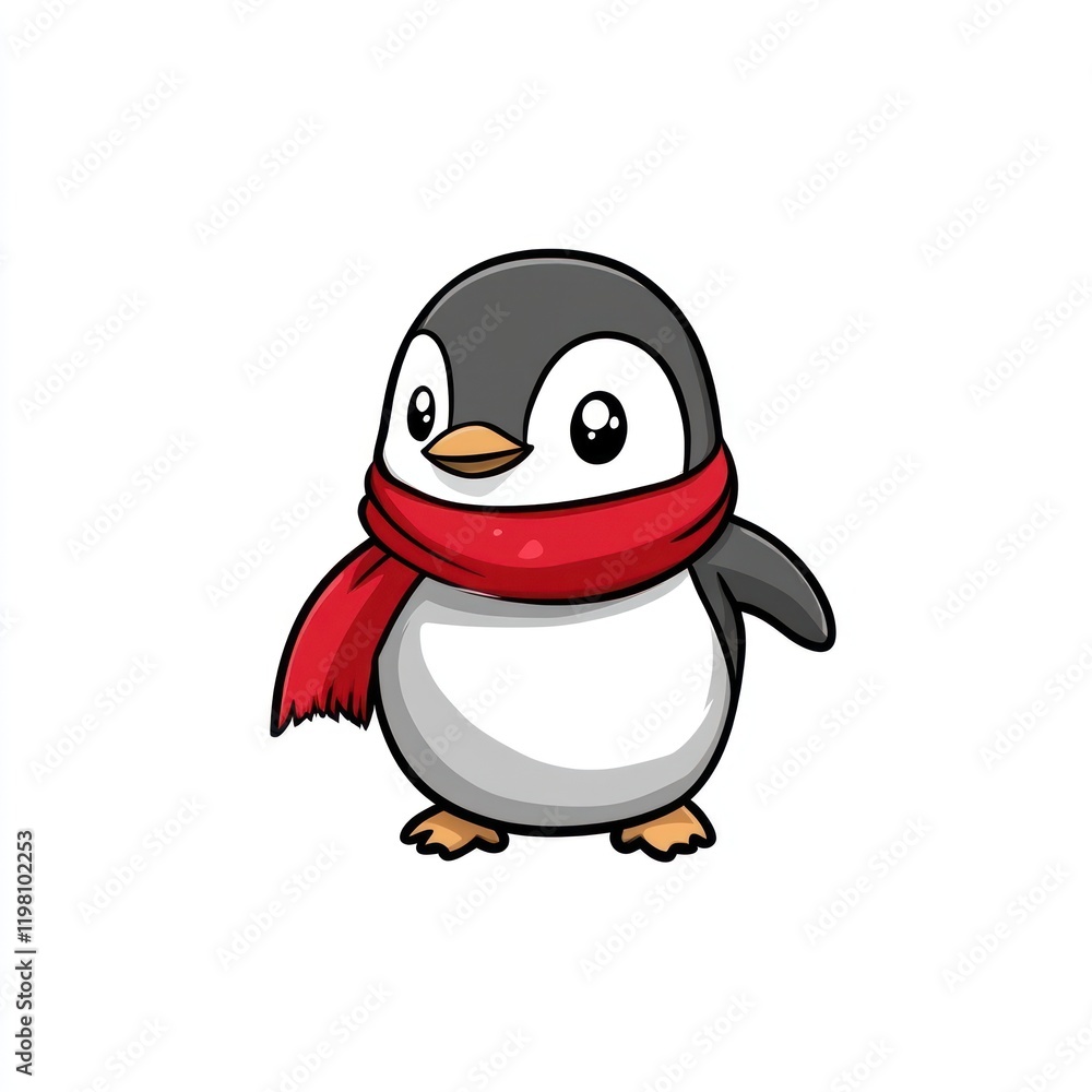A cartoon penguin with a red scarf stands on a white background, good for children's books A cartoon penguin with a red scarf stands on a white background, good for children's books
