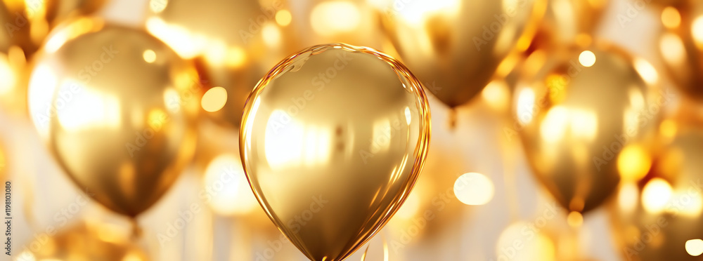 Golden balloons floating in a celebratory atmosphere with bokeh background effects Golden balloons floating in a celebratory atmosphere with bokeh background effects