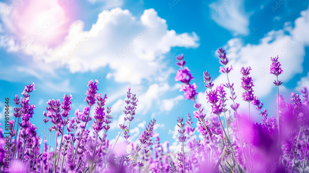 Obraz premium Field of purple flowers with a blue sky in the background. The flowers are in full bloom and the sky is clear and bright