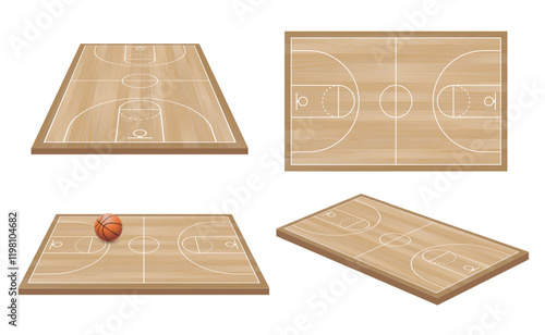 Wooden basketball court. Basketball field line. Basket ball playground stadium layout top view and perspective. Vector EPS 10