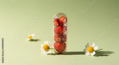 Strawberries encased in transparent capsule with daisies on green background photo