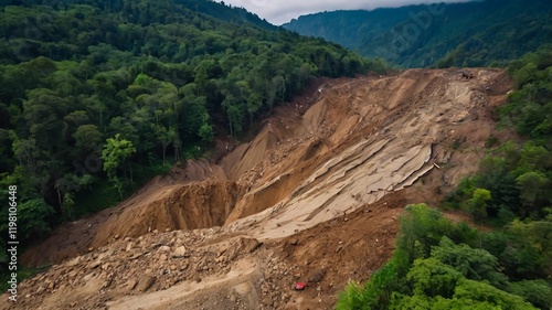 Landscape shot of dangerous landslide in the forest