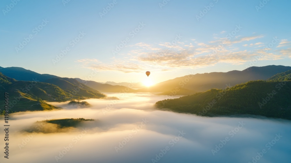A lone hot air balloon floating over a valley at sunrise. Hot air balloon photographed by a drone in ethereal landscape. A lone hot air balloon floating over a valley at sunrise. Hot air balloon photographed by a drone in ethereal landscape.