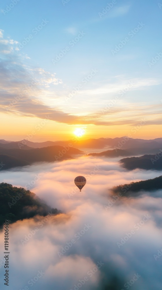 A lone hot air balloon floating over a valley at sunrise. Hot air balloon photographed by a drone in ethereal landscape.