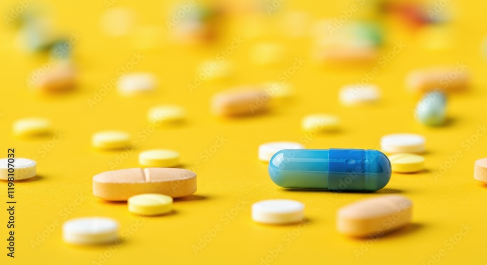 Assorted pills and capsules on vibrant yellow background Assorted pills and capsules on vibrant yellow background