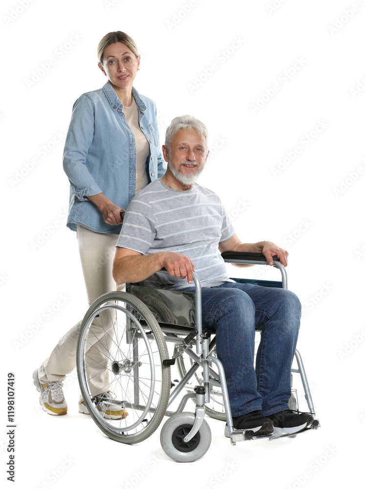 Woman with senior man in wheelchair on white background Woman with senior man in wheelchair on white background