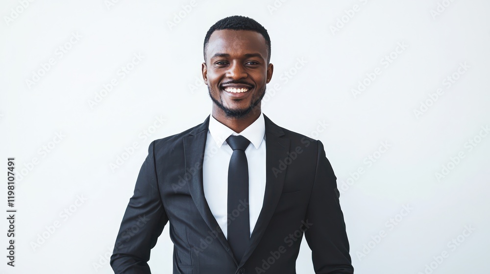 Smiling African businessman standing alone against a white background, highlighting a positive and confident attitude Smiling African businessman standing alone against a white background, highlighting a positive and confident attitude