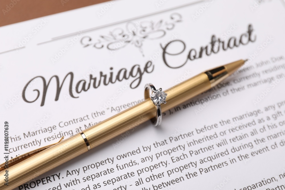 Marriage contract and pen with ring on brown background, closeup Marriage contract and pen with ring on brown background, closeup
