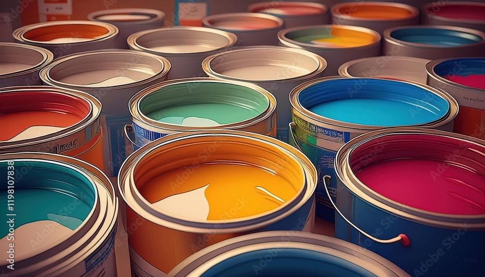 Vibrant Array of Art Supplies Stacked Cans of Paint in Natural Light, Showcasing a Palette of Rich Colors and Textures for Creative Endeavors. Vibrant Array of Art Supplies Stacked Cans of Paint in Natural Light, Showcasing a Palette of Rich Colors and Textures for Creative Endeavors.