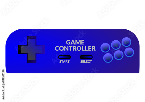 Blue Retro Game Controller Illustration with D-Pad, Six Action Buttons, Start and Select Options. Vintage Joystick Vector Icon for Gaming and Esport Concept Isolated on White Background.